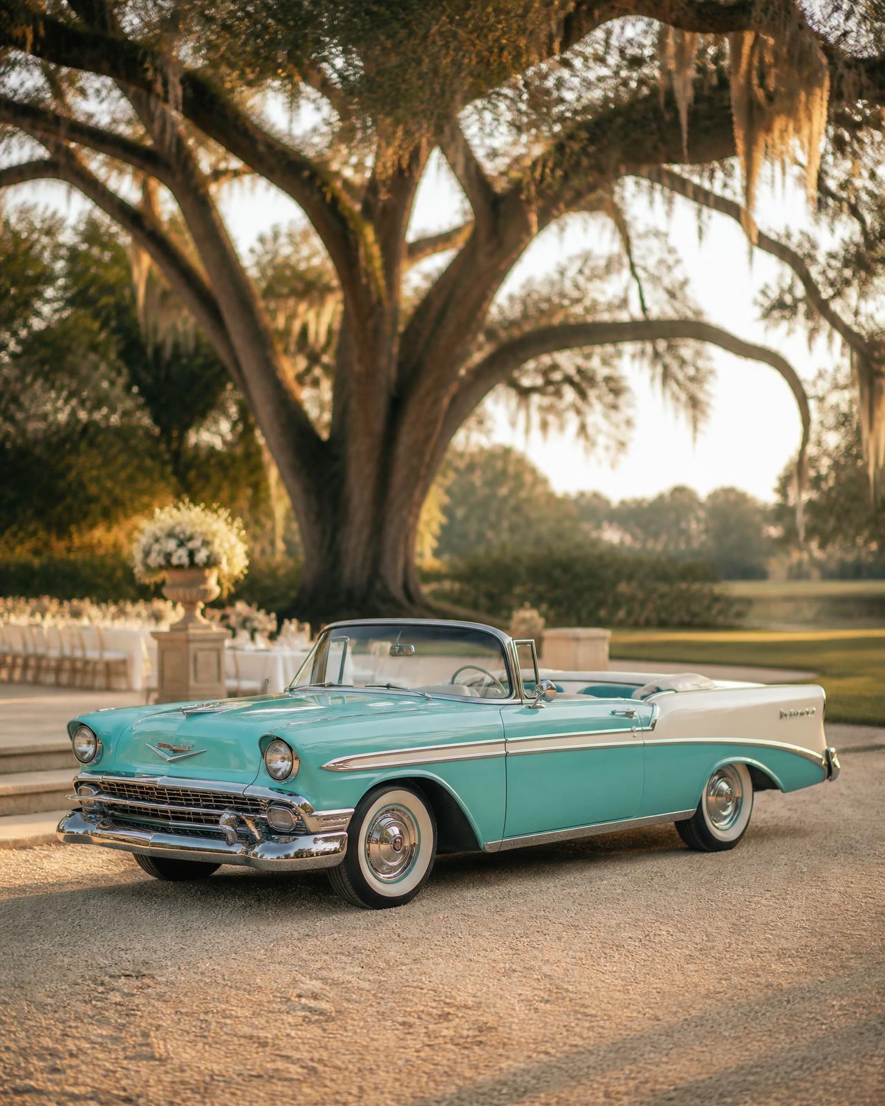 A two-tone 1957 Chevrolet Bel Air convertible staged as a static display beneath a Savannah live oak